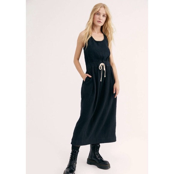 Free People Dresses & Skirts - Free People Beach Navy Blue Maxi Dress Small Drawstring Waist Pockets Sleeveless